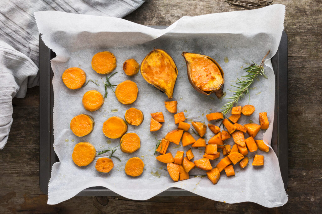 Refrigerated sweet potato cubes in an airtight container.