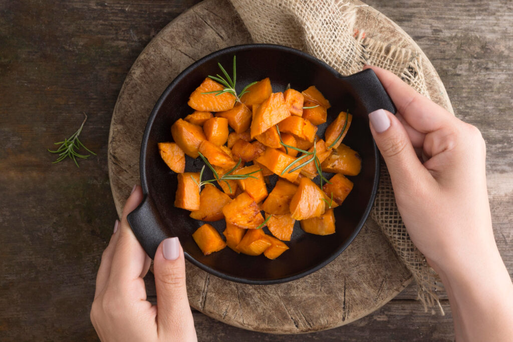 Unreheated sweet potato cubes ready for warming