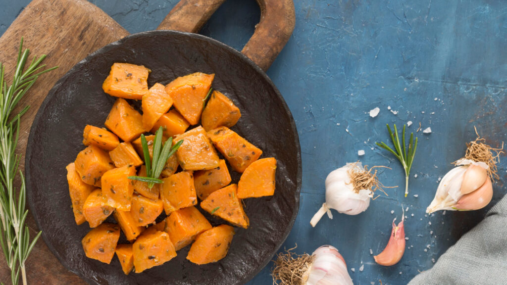 Preparing to cube sweet potatoes fast