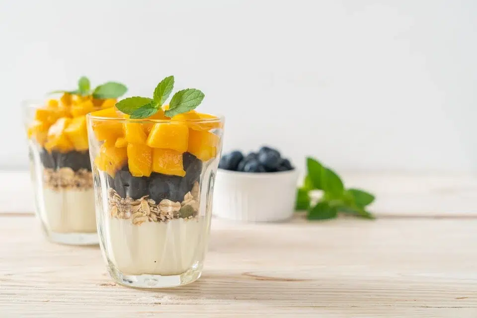 Colorful fruit cup with question mark