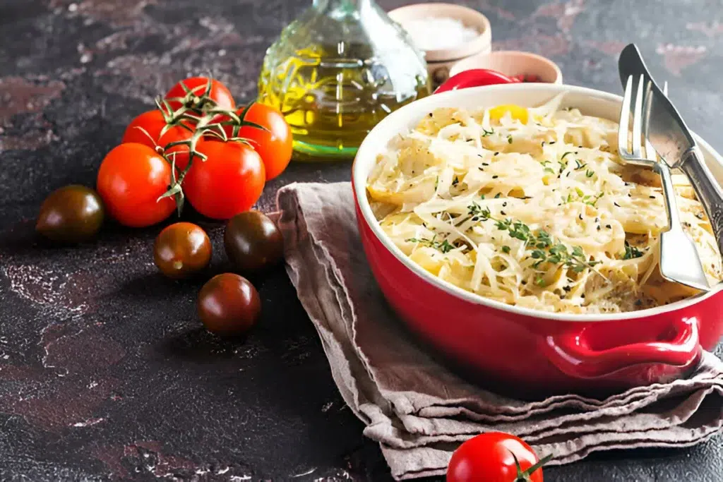 Mafaldine pasta dish with close-up of the ridges